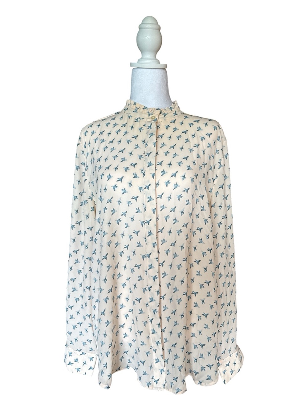 LOFT Light Pink Cream Blouse with Blue Bird Print and Ruffle Neck